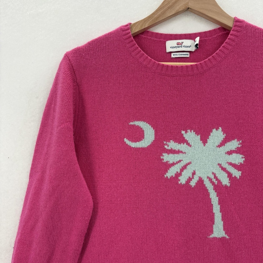 Vineyard Vines Sweater Womens Medium Pink Cashmere Blend Palm Moon Knit Graphic - Picture 2 of 11